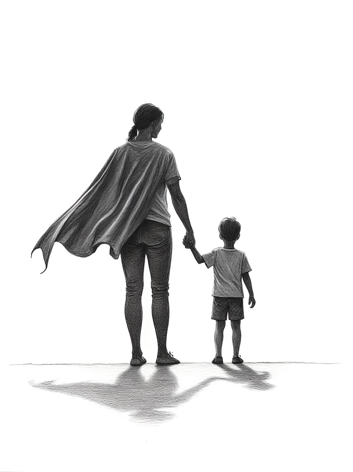 Superhero mom with cape holding small child's hand